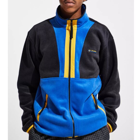Columbia Men's XL Blue Yellow Gray Back Bowl Fleece Full Zip Jacket Cozy Travel - Picture 1 of 5